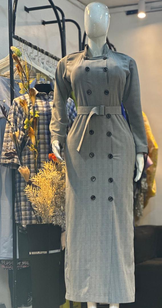 Grey Plaid Double-Breasted Belted Dress