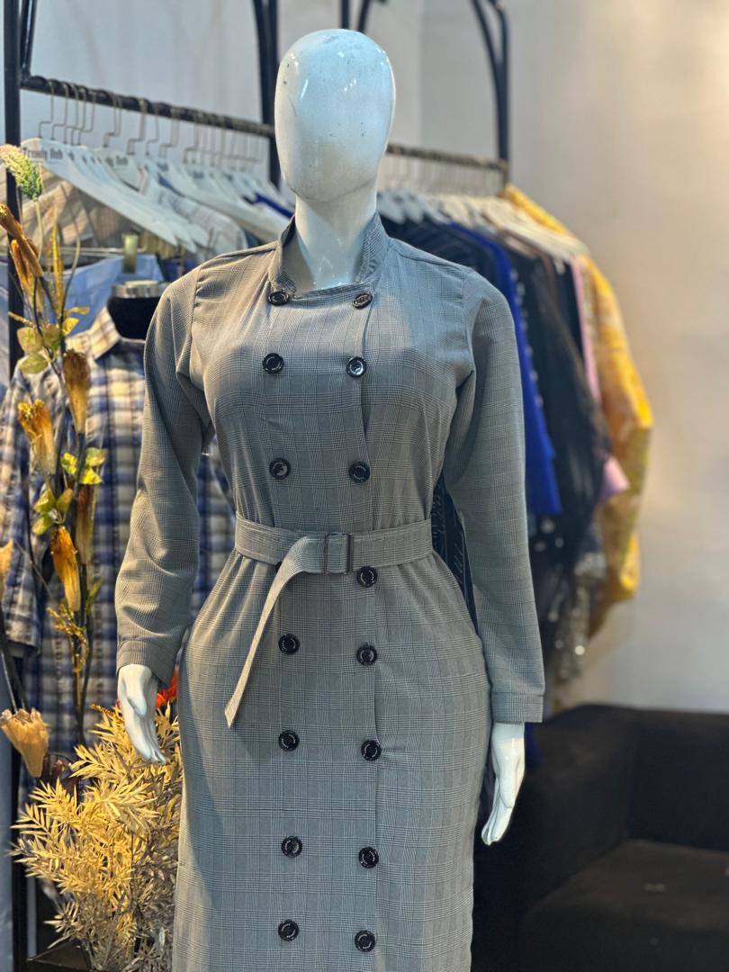 Grey Plaid Double-Breasted Belted Dress